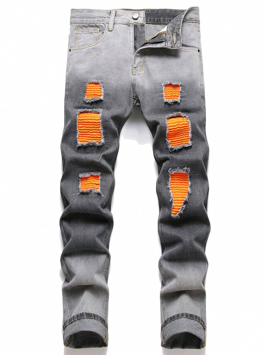 Männer Jeans mit Riss, Lappen Flickwerk, - Grau - Übersicht 1