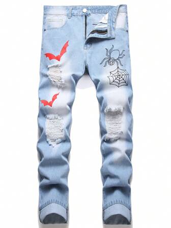 男士万圣节蜘蛛蝙蝠印花破洞牛仔裤