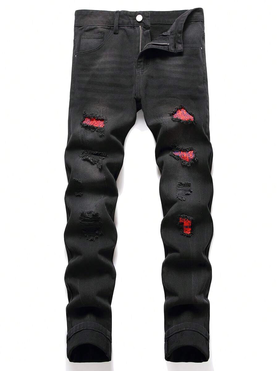 男士破洞抽鬚破布拼接牛仔褲 - 黑色 - 查看 1