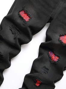 男士破洞抽鬚破布拼接牛仔褲 - 黑色 - 查看 5