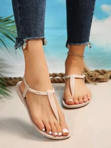 Fashionable Casual Round Ring Thong Roman Style Flat Sandals - Baby Pink - View 4