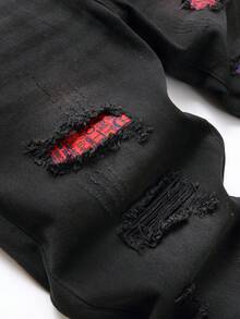 男士破洞抽鬚破布拼接牛仔褲 - 黑色 - 查看 8