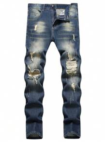 Men Ripped Frayed Bleach Wash Jeans - Dark Wash - View 1