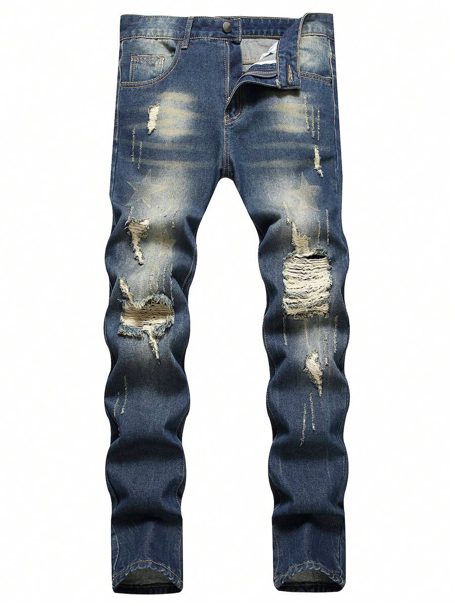 Men Ripped Frayed Bleach Wash Jeans - Dark Wash - View 1