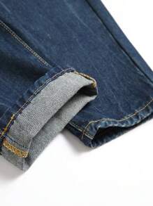 Men Ripped Frayed Bleach Wash Jeans - Dark Wash - View 3