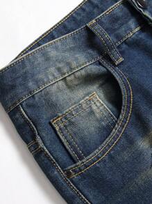 Men Ripped Frayed Bleach Wash Jeans - Dark Wash - View 6