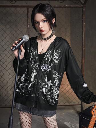 Grunge Punk Graphic Print Zip Up Drawstring Hoodie