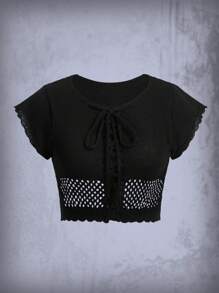 ROMWE Goth Lace Up Front Knit Top - Black - View 1