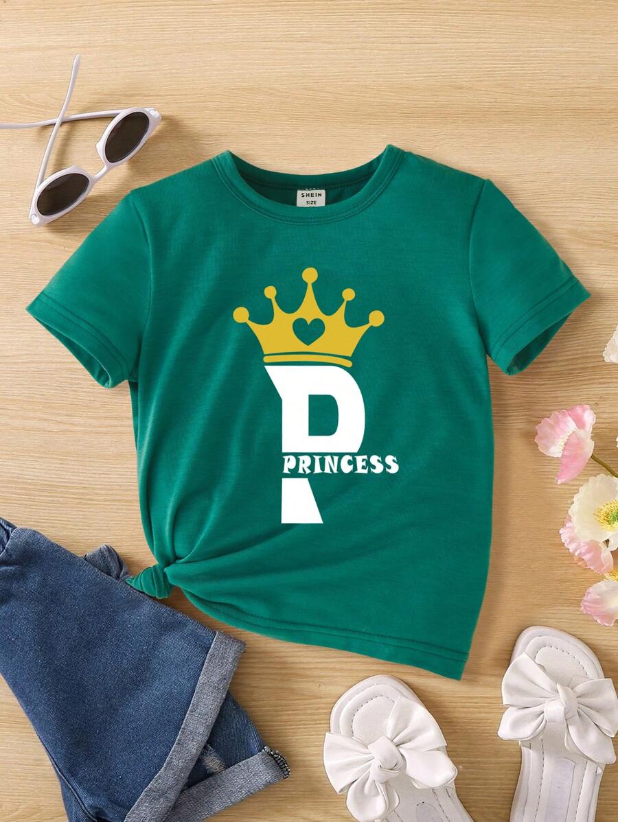 SHEIN Young Girl Crown & Letter Graphic Tee - Dark Green - View 1