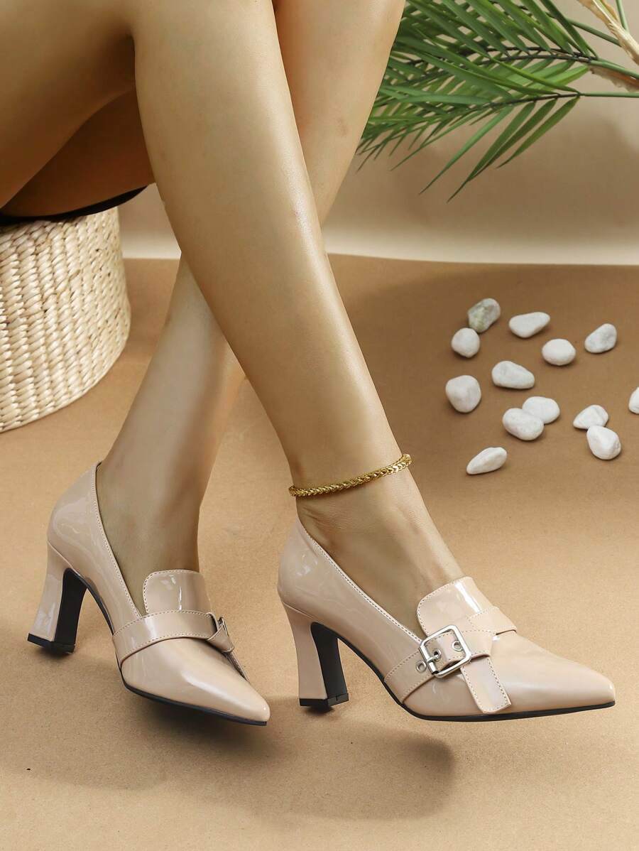 女士尖头搭扣设计时尚高跟鞋，适合春、夏、秋季穿着。 - 杏色 - 查看 1