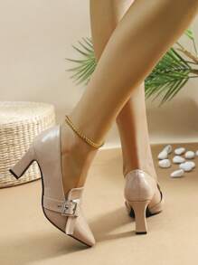 女士尖头搭扣设计时尚高跟鞋，适合春、夏、秋季穿着。 - 杏色 - 查看 2