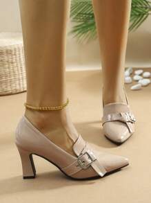 女士尖头搭扣设计时尚高跟鞋，适合春、夏、秋季穿着。 - 杏色 - 查看 5