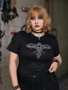 ROMWE Grunge Punk Plus Graphic Rhinestone Tee - Black - View 5