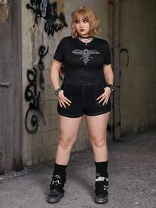 ROMWE Grunge Punk Plus Graphic Rhinestone Tee - Black - View 6