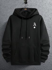 Men Letter Print Kangaroo Pocket Drawstring Hoodie - Black - View 1