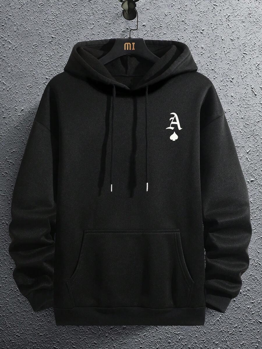 Men Letter Print Kangaroo Pocket Drawstring Hoodie - Black - View 1