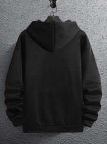 Men Letter Print Kangaroo Pocket Drawstring Hoodie - Black - View 2