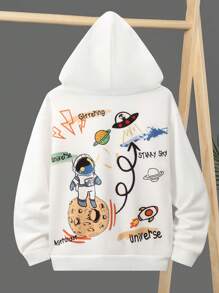 SHEIN 男大童連帽套頭衫運動衫帶後印花,鬆動和舒服