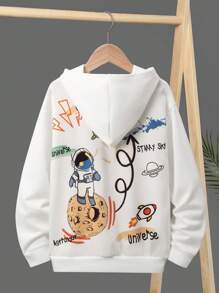 SHEIN 男大童連帽套頭衫運動衫帶後印花,鬆動和舒服