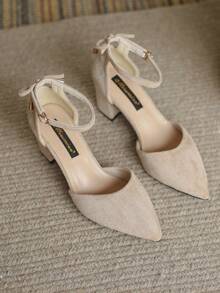 粗高跟鞋帶鏤空蝴蝶結設計 - 杏色 - 查看 2