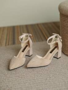 粗高跟鞋帶鏤空蝴蝶結設計 - 杏色 - 查看 3