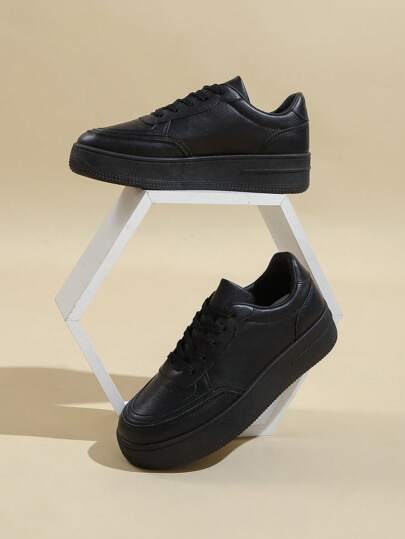 Women's Thick Sole Color Block Round Toe Lace-Up White Casual Sneakers, Spring Autumn Simple Fashion Leisure Flats