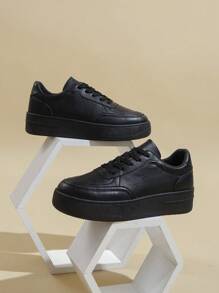 女士厚底拼色圆头系带白色休闲运动鞋，春秋季简约时尚休闲平底鞋 - 黑色 - 查看 3