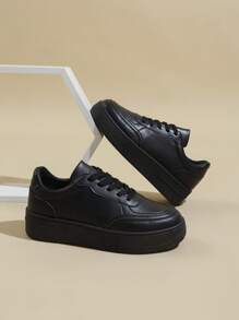 女士厚底拼色圆头系带白色休闲运动鞋，春秋季简约时尚休闲平底鞋 - 黑色 - 查看 4