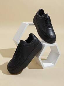 女士厚底拼色圆头系带白色休闲运动鞋，春秋季简约时尚休闲平底鞋 - 黑色 - 查看 5