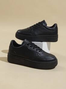 女士厚底拼色圆头系带白色休闲运动鞋，春秋季简约时尚休闲平底鞋 - 黑色 - 查看 7