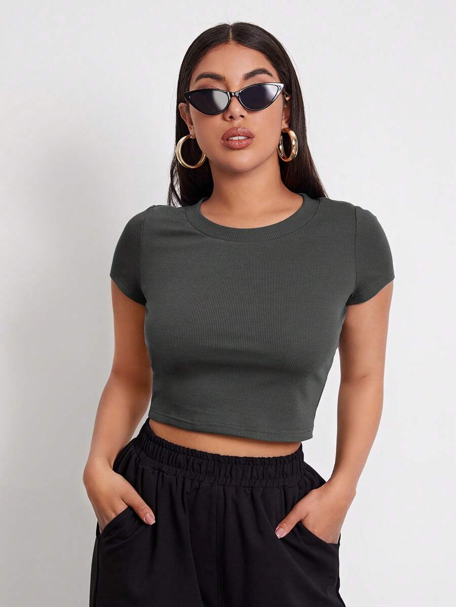 SHEIN EZwear Rib-knit Crop Top - Dark Grey - View 1