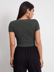SHEIN EZwear Rib-knit Crop Top - Dark Grey - View 2