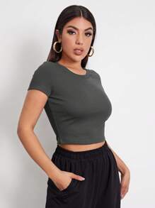 SHEIN EZwear Rib-knit Crop Top - Dark Grey - View 3