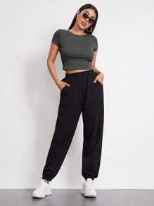 SHEIN EZwear Rib-knit Crop Top - Dark Grey - View 4