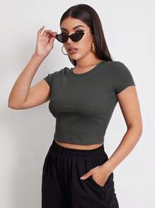 SHEIN EZwear Rib-knit Crop Top - Dark Grey - View 5