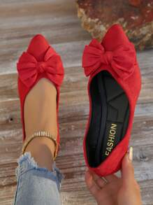 Zapatos planos con punta puntiaguda y detalle de moño, de talla grande para mujer, de otoño/invierno, de color rojo, con un diseño elegante y versátil
