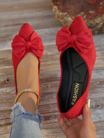 Fall/Winter Women's Plus Size Red Pointed Toe Slip-On Flat Shoes, Fashionable & Versatile With Bowknot Detail