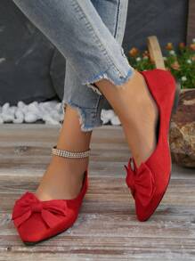 Zapatos planos con punta puntiaguda y detalle de moño, de talla grande para mujer, de otoño/invierno, de color rojo, con un diseño elegante y versátil