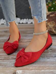 Zapatos planos con punta puntiaguda y detalle de moño, de talla grande para mujer, de otoño/invierno, de color rojo, con un diseño elegante y versátil