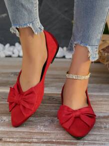 Zapatos planos con punta puntiaguda y detalle de moño, de talla grande para mujer, de otoño/invierno, de color rojo, con un diseño elegante y versátil