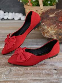 Zapatos planos con punta puntiaguda y detalle de moño, de talla grande para mujer, de otoño/invierno, de color rojo, con un diseño elegante y versátil