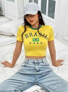 SHEIN Unity 字母图案撞色边短款 T 恤 图案 T 恤 女式上衣 - 黃色 - 查看 1