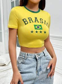 SHEIN Unity 字母图案撞色边短款 T 恤 图案 T 恤 女式上衣 - 黃色 - 查看 3