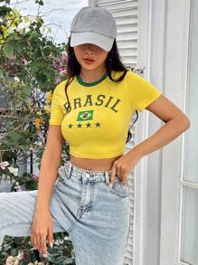 SHEIN Unity 字母图案撞色边短款 T 恤 图案 T 恤 女式上衣 - 黃色 - 查看 4