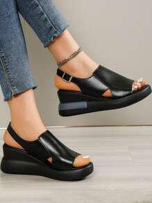 女士厚底厚底坡跟凉鞋，柔软皮革，2025 年夏季新款露趾时尚运动高跟鞋，高跟厚底鞋