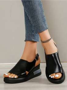 女士厚底厚底坡跟凉鞋，柔软皮革，2025 年夏季新款露趾时尚运动高跟鞋，高跟厚底鞋