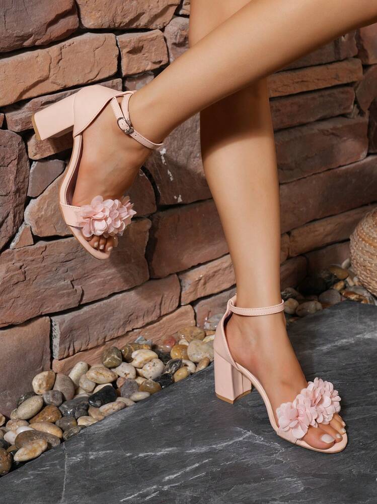 Flower Decor Chunky Heel Ankle Strap Sandals High Heel SHEIN