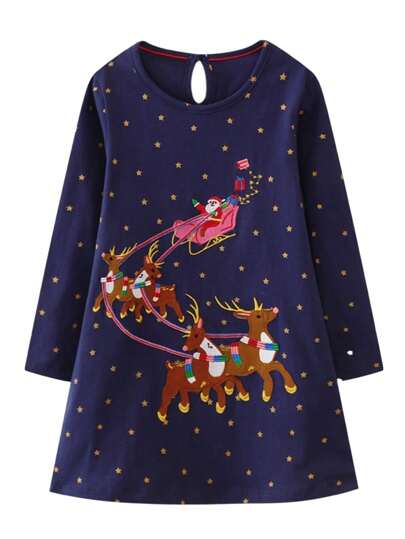 Young Girl Deer & Polka Dot Print Dress, For Christmas
