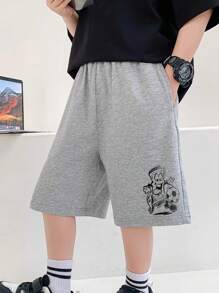 Tween Boy Cartoon Graphic Elastic Waist Shorts - Grey - View 1
