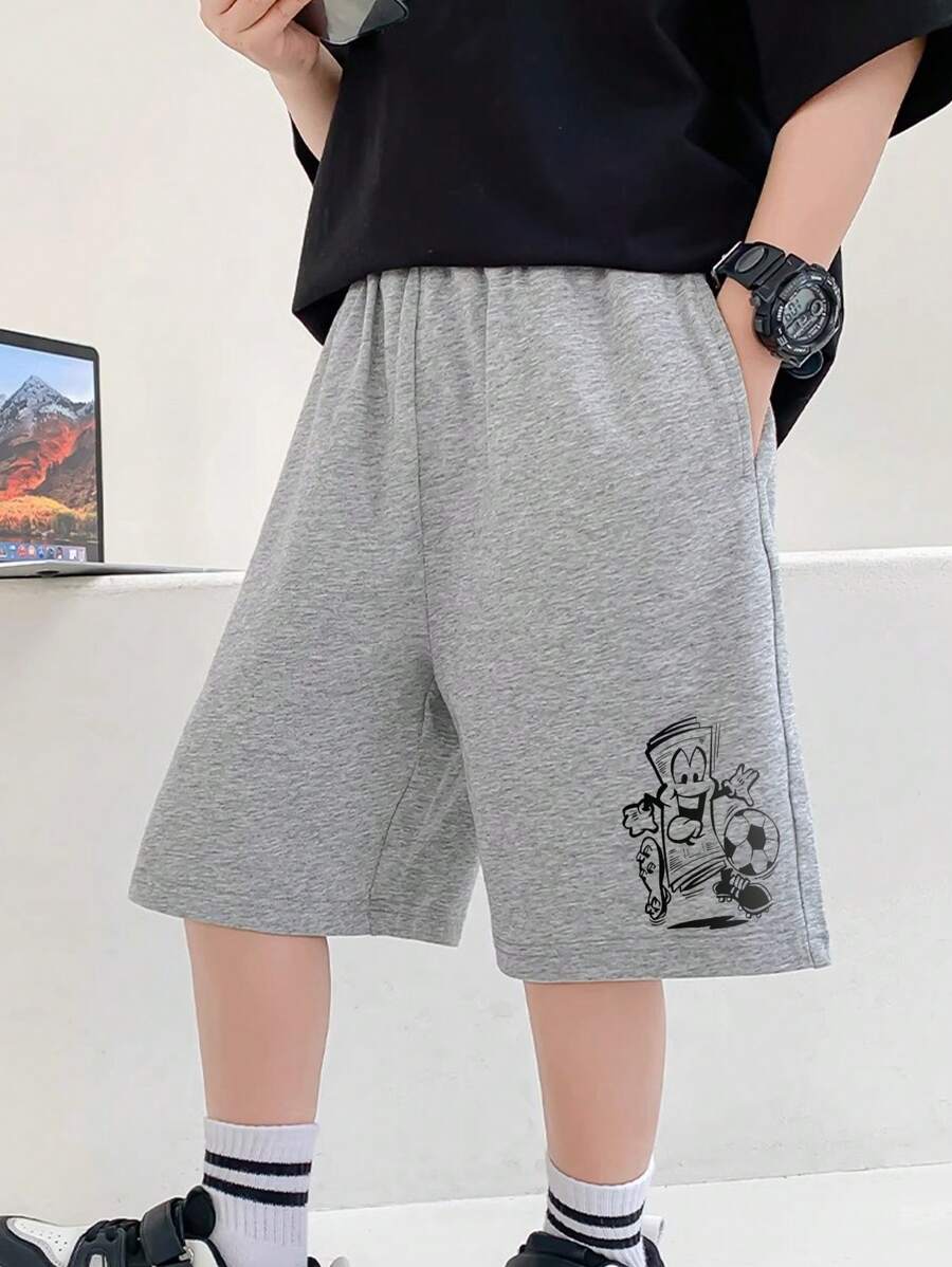 Tween Boy Cartoon Graphic Elastic Waist Shorts - Grey - View 1